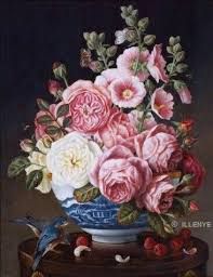 pink and white flowers in blue and white bowl.jpg